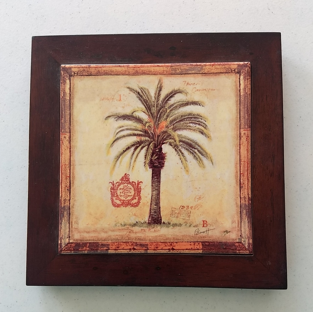"The Paradise of The Pacific" Wood Frame Tile Trivet Palm Tree Signed By Barrett
